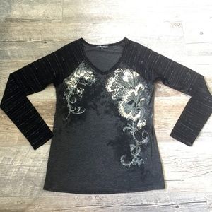 Miss Me, Large, Long Sleeve Floral Black tee